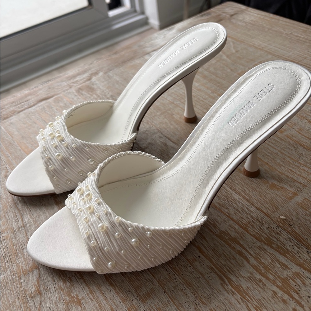 Steve Madden Cream Pearl-Embellished Slide Mules - Picture 2 of 5